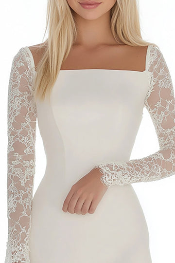 White Bodycon Lace Satin Graduation Dress with Long Sleeves